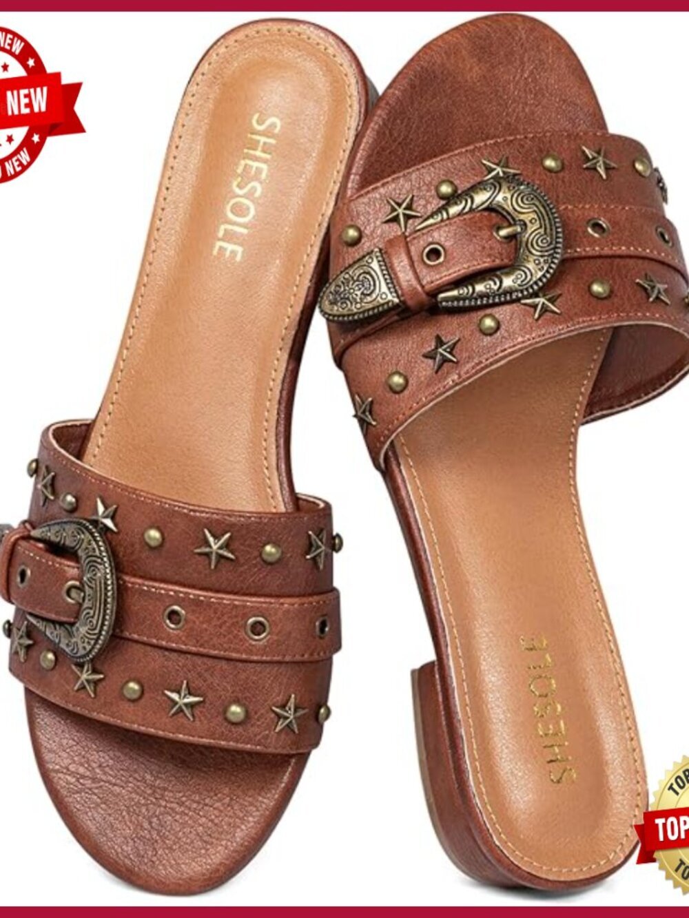 Wide Width Slide Sandals Low Block Heel Studded Open Toe Slip On